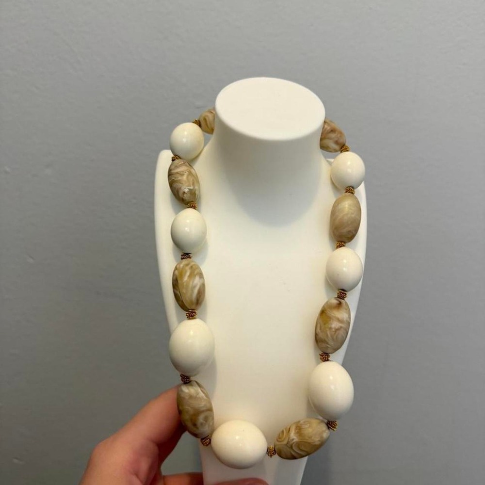 Cream Beige Marbled Chunky Beaded Statement Necklace Neutral Boho Retro